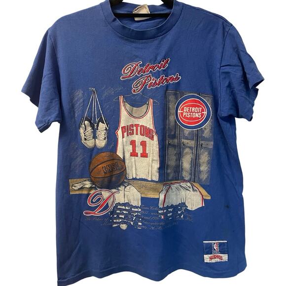 Vintage 90s Detroit Pistons Locker Room Embroidered Single Stitch Shirt Medium - Picture 1 of 3